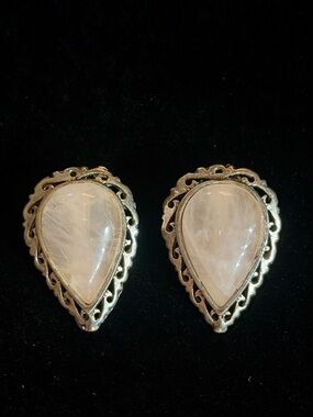 Vintage 1940s 1950s Teardrop Rose Quartz Earrings - Pink Gemstone